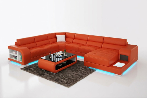 Moderno diseño de sofá de cuero con luces LED, sofá de esquina con puerto USB.