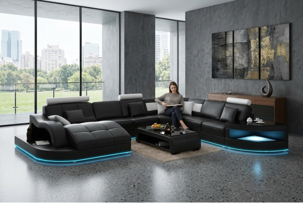 Sofá de cuero, sofá, conjunto de sala, sofá esquinero, set de esquina, diseño moderno, nuevo sofá +USB