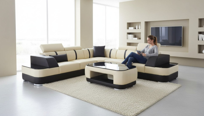 Sofá de esquina + cojines de cuero con USB, conjunto de esquina para sofá en forma de L + mesa, paisaje de estar.