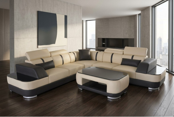 Sofá de esquina + cojines de cuero con USB, conjunto de esquina para sofá en forma de L + mesa, paisaje de estar.
