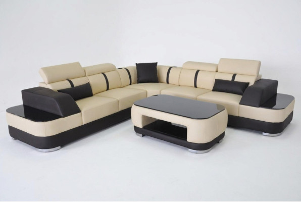 Sofá de esquina + cojines de cuero con USB, conjunto de esquina para sofá en forma de L + mesa, paisaje de estar.