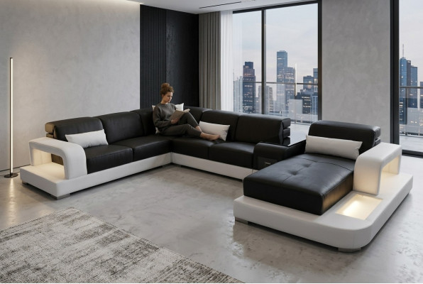 Moderno sofá de esquina acolchado con USB + luz para sala de estar.