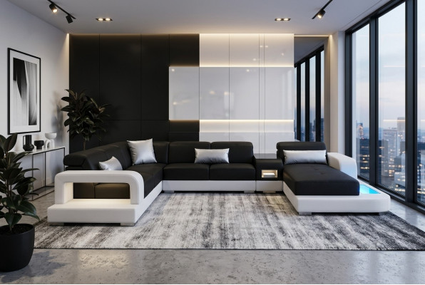Moderno sofá de esquina acolchado con USB + luz para sala de estar.