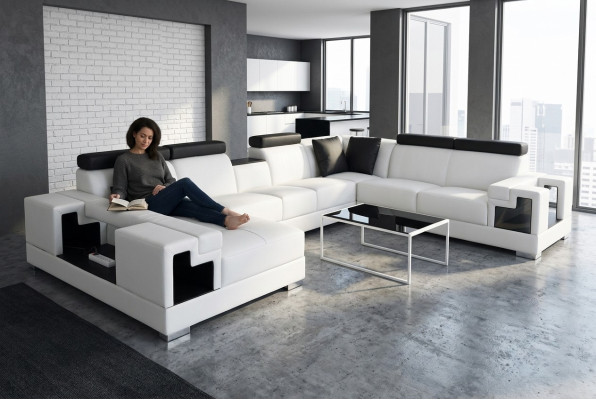 Sofá de cuero con puerto USB, sofá de esquina, conjunto de sofás para el salón, sofá moderno de diseño.