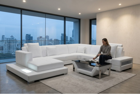 Sofá de cuero esquinero conjunto de sala de estar sofá acolchado rinconera zona de asientos + mesa + USB