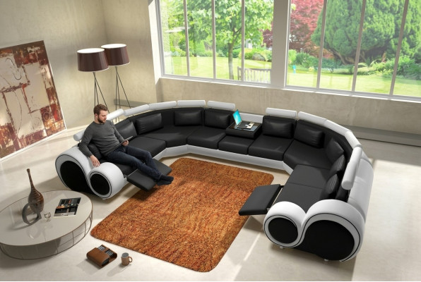 Gran sofá de cuero en forma de U para la sala de estar, juego de sofás con esquina acolchada y USB.