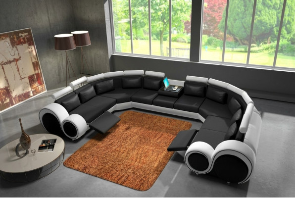 Gran sofá de cuero en forma de U para la sala de estar, juego de sofás con esquina acolchada y USB.