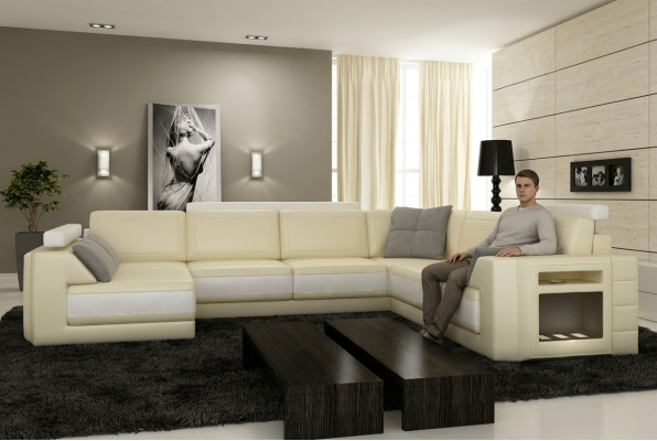 Sofá de diseñador con USB, sofá esquinero, sofá de cuero, conjunto de esquina acolchado con luces.