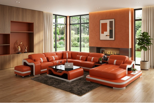 Sofá de cuero con USB Sofá de esquina Sofá conjunto de sala de estar Diseño de sofá moderno.
