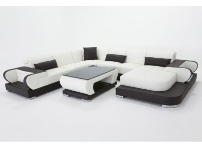 Sofá esquinero con USB, conjunto de sala de estar de cuero moderno, diseño de sofá + mesa.
