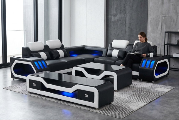 Sofá de piel moderno en forma de L con sistema de sonido - USB - Bluetooth Nuevo