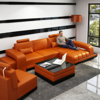 Sofá de cuero sofá paisaje de vida esquina sofá conjunto de esquina sofá de diseño USB naranja nuevo