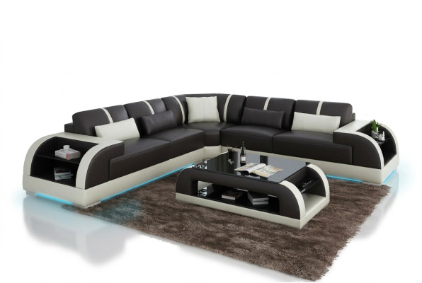 Sofá de cuero Sofá Sofá esquinero Sofá de esquina Diseño moderno con luces LED y USB