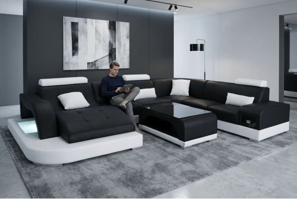 Sofá de cuero con USB Diseño de sofá de asiento moderno y mesa de esquina de salón.