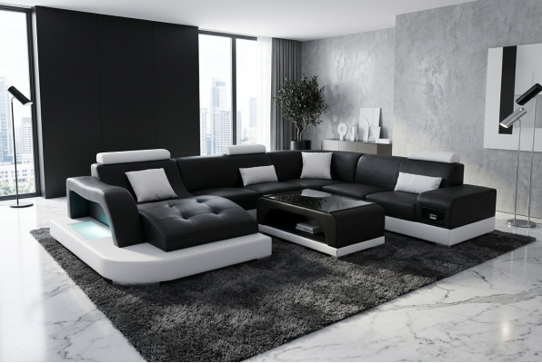 Sofá de cuero con USB Diseño de sofá de asiento moderno y mesa de esquina de salón.
