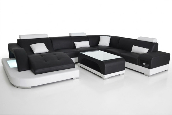 Sofá de cuero con USB Diseño de sofá de asiento moderno y mesa de esquina de salón.