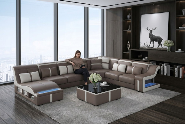 Sofá de cuero sofá de esquina de diseño moderno, conjunto de muebles en forma de U con USB nuevo