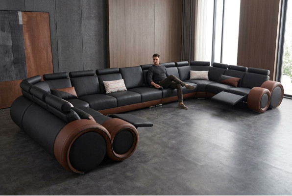 XXL sofá grande de esquina de cuero, conjunto de esquina, paisaje de esquina, tapizado, forma de U para sala de estar +USB.