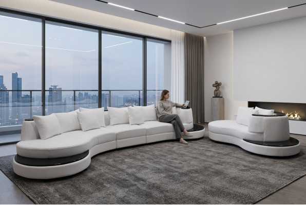 Sofá de diseño para la sala de estar esquinero redondo, tapizado, conjunto de asientos redondo, paisaje de habitación con USB.