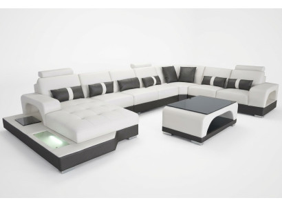 Sofá de cuero con USB, sofá moderno, esquinero, con cojines y mesa.