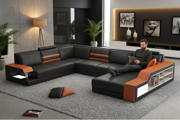 Sofá de diseño con esquina y USB, sofá de cuero con asientos acolchados, conjunto de esquina LED couch.