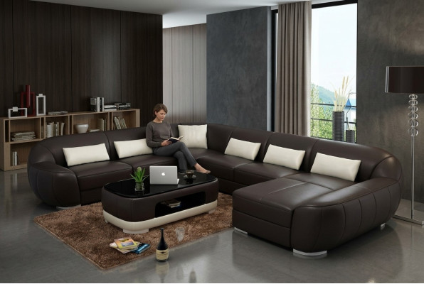 Sofá de cuero moderno en esquina, conjunto de sala de estar, conjunto de cojines de asiento y tapicería.