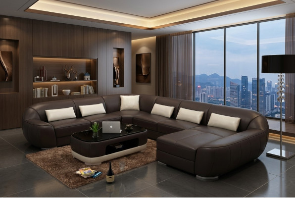 Sofá de cuero moderno en esquina, conjunto de sala de estar, conjunto de cojines de asiento y tapicería.