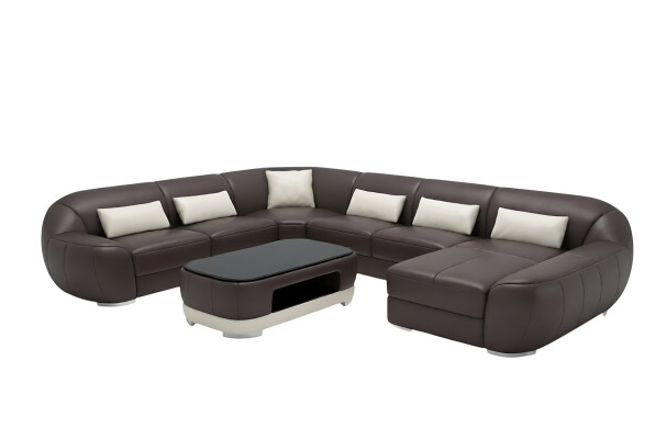 Sofá de cuero moderno en esquina, conjunto de sala de estar, conjunto de cojines de asiento y tapicería.