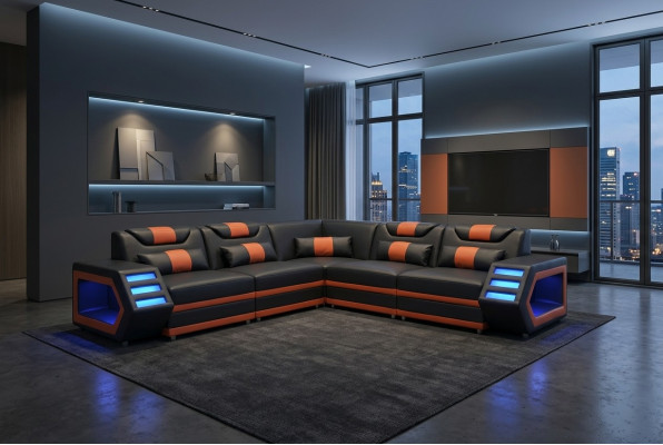 Diseño de cuero acolchado esquina sofá sofá esquina paisaje sala de estar USB LED