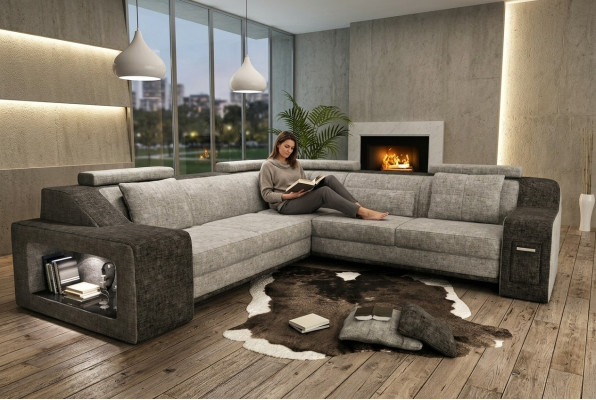 Sofá esquinero de cuero y textil con USB, conjunto de sofás acolchado en forma de L, asiento Isching.