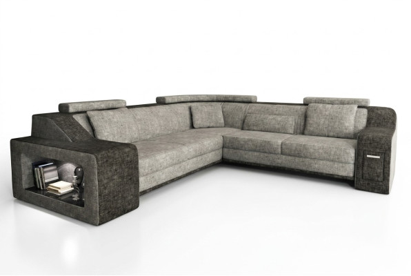 Sofá esquinero de cuero y textil con USB, conjunto de sofás acolchado en forma de L, asiento Isching.