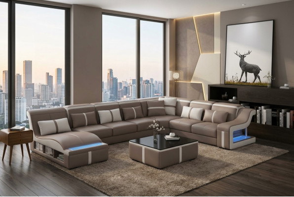 Sofá de lujo en forma de esquinera, diseño de salón con sofás modulares, sofá esquinero + luz + USB