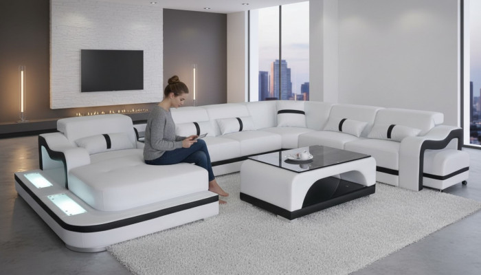 Sofá esquinero conjunto de esquina sofá sofá acolchado conjunto de sala de estar mesa USB LED Nuevo