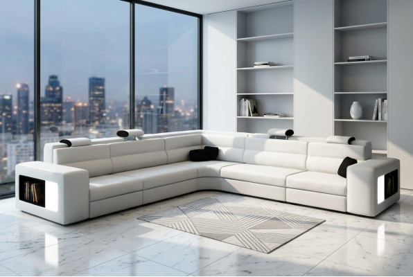 Sofá de cuero con USB, sofá esquinero, asiento acolchado, salón XXL grande en color blanco.