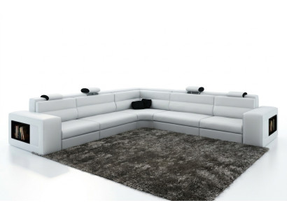 Sofá de cuero con USB, sofá esquinero, asiento acolchado, salón XXL grande en color blanco.
