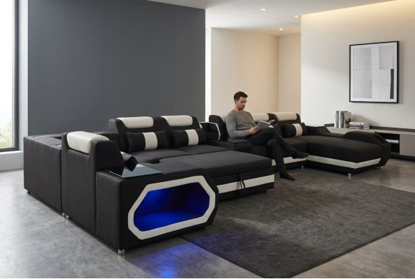 Diseño XXL moderno de sofá de esquina acolchado de cuero con cama, USB y LED.
