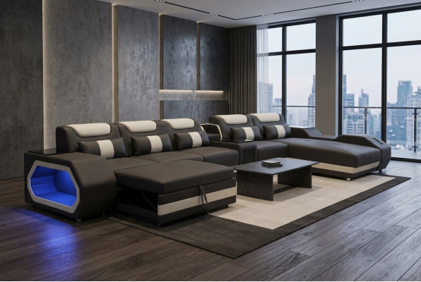 Diseño XXL moderno de sofá de esquina acolchado de cuero con cama, USB y LED.