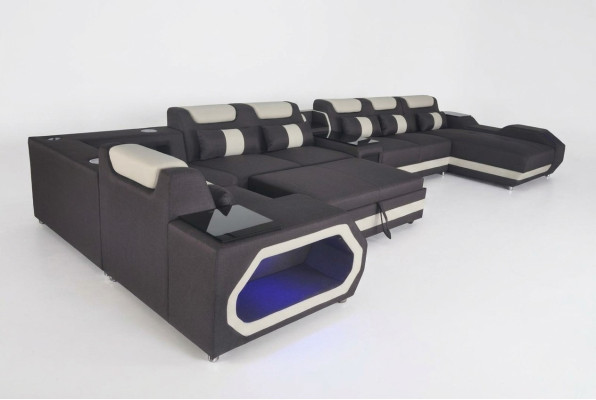Diseño XXL moderno de sofá de esquina acolchado de cuero con cama, USB y LED.