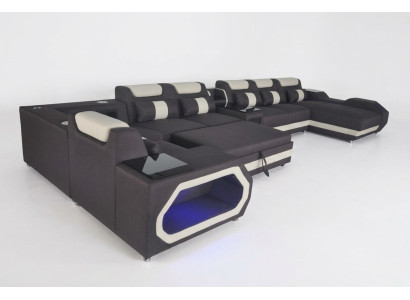 Diseño XXL moderno de sofá de esquina acolchado de cuero con cama, USB y LED.