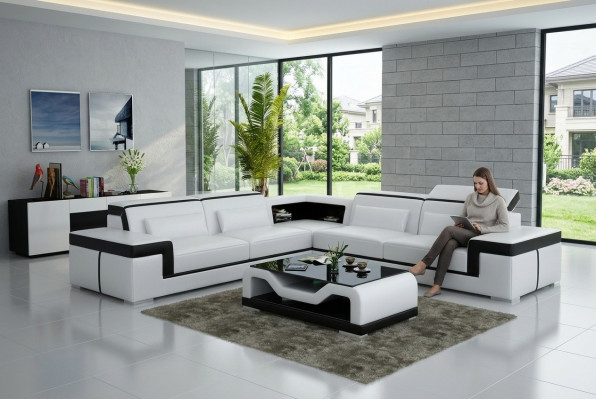 Sofá de cuero con USB, sofá de esquina de diseño moderno, conjunto de esquina G8020B.