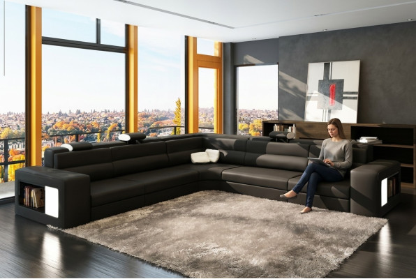 Sofá de cuero con USB Sofá en forma de L Asiento Acolchado Conjunto de sala de estar XXL Grande Sauce Negro