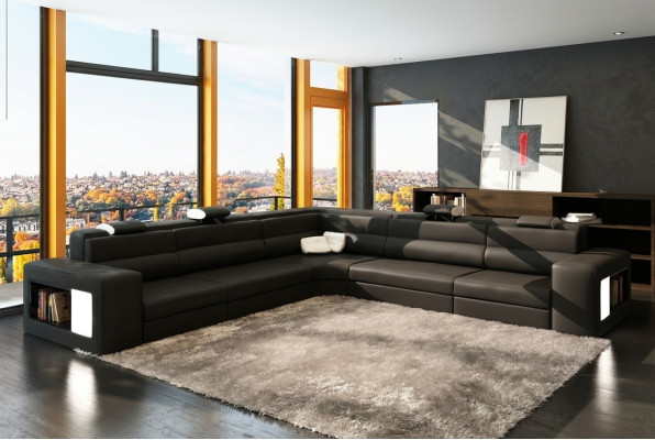 Sofá de cuero con USB Sofá en forma de L Asiento Acolchado Conjunto de sala de estar XXL Grande Sauce Negro