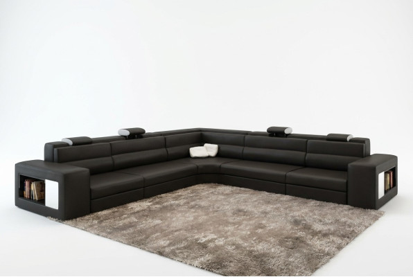 Sofá de cuero con USB Sofá en forma de L Asiento Acolchado Conjunto de sala de estar XXL Grande Sauce Negro