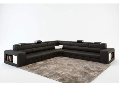 Sofá de cuero con USB Sofá en forma de L Asiento Acolchado Conjunto de sala de estar XXL Grande Sauce Negro