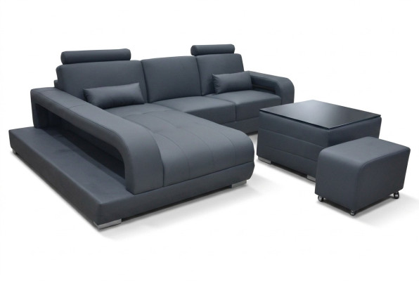 XXL sofá de esquina en cuero, conjunto de sala de estar de diseño moderno con forma de L + USB.
