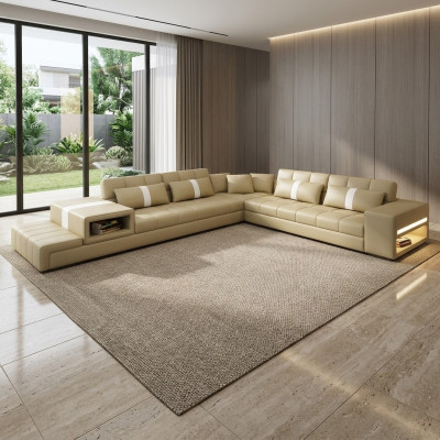 Sofá de esquina Sofá Couch USB Tapizado Sofá de diseño en forma de L Nuevo Beige