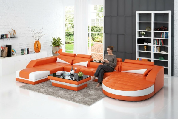 Sofá de cuero Couch Sofá de la sala de estar Sofá en esquina Conjunto de sofás Diseño Sofá Moderno USB Naranja