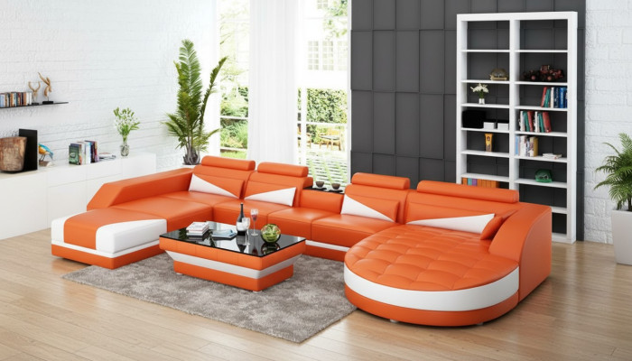 Sofá de cuero Couch Sofá de la sala de estar Sofá en esquina Conjunto de sofás Diseño Sofá Moderno USB Naranja