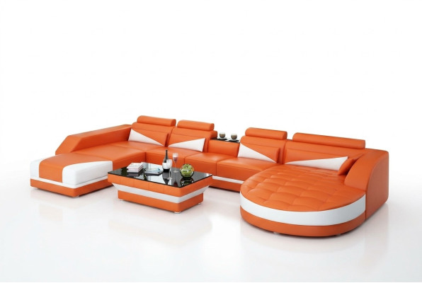 Sofá de cuero Couch Sofá de la sala de estar Sofá en esquina Conjunto de sofás Diseño Sofá Moderno USB Naranja