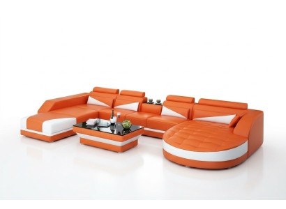 Sofá de cuero Couch Sofá de la sala de estar Sofá en esquina Conjunto de sofás Diseño Sofá Moderno USB Naranja